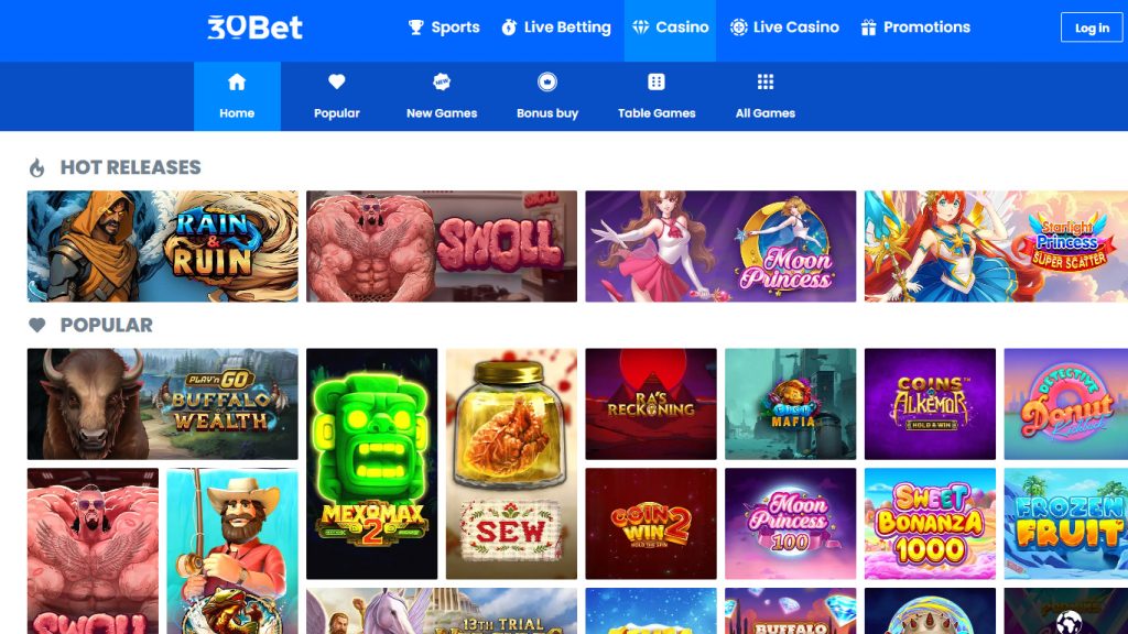30Bet casino games, slots and live casino tables