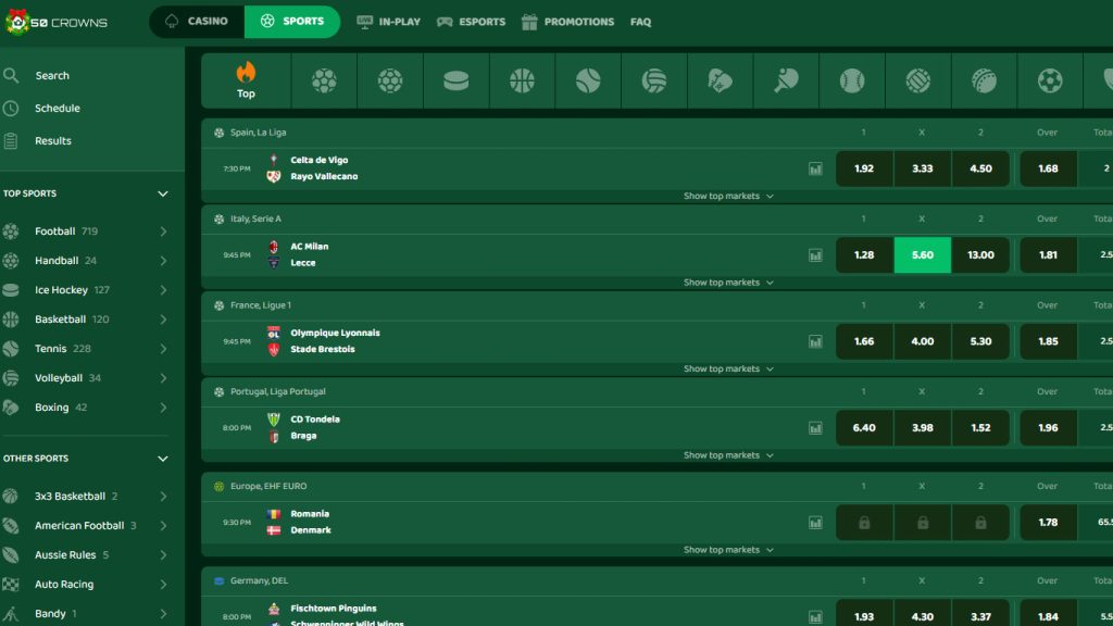 50Crowns Casino sportsbook betting markets
