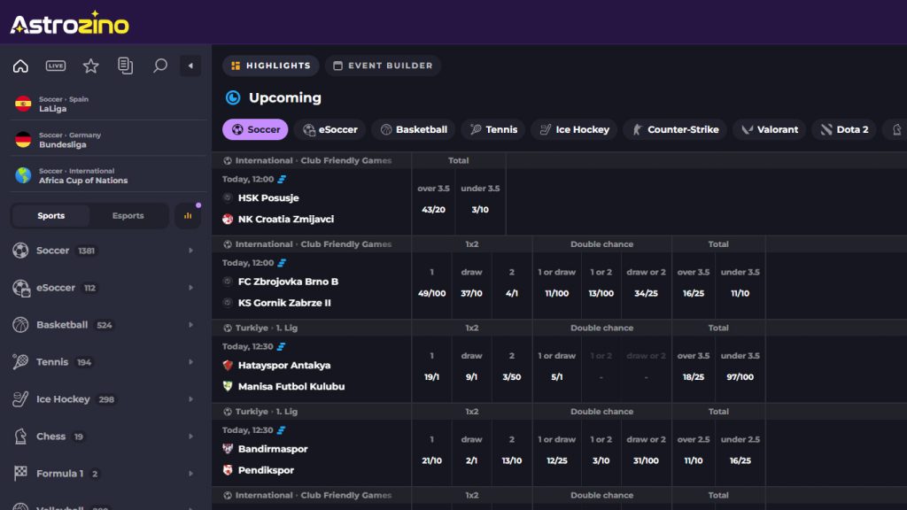 Astrozino Casino sportsbook betting markets