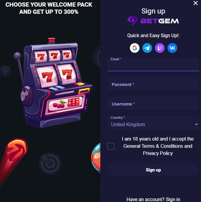 BetGem Casino Signup and Login