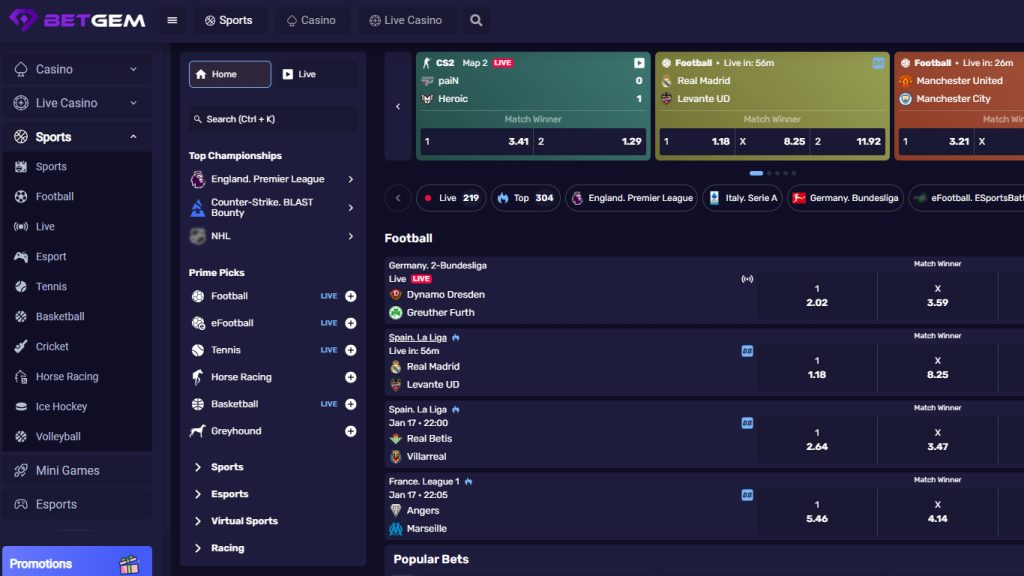 BetGem Casino sportsbook betting markets