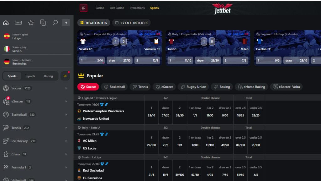 Jettbet Casino sportsbook betting markets
