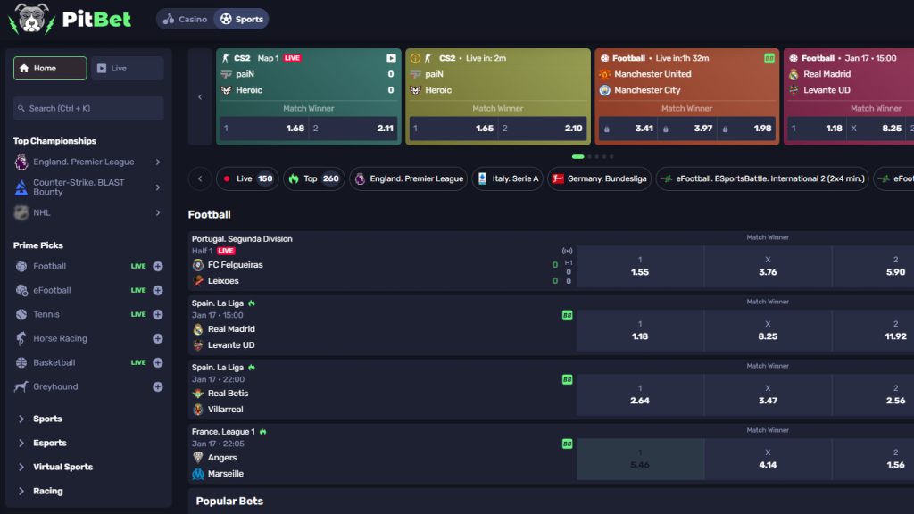 PitBet Casino sportsbook betting markets
