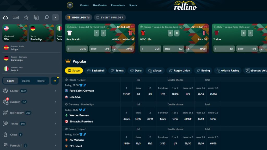 Rollino Casino sportsbook betting markets