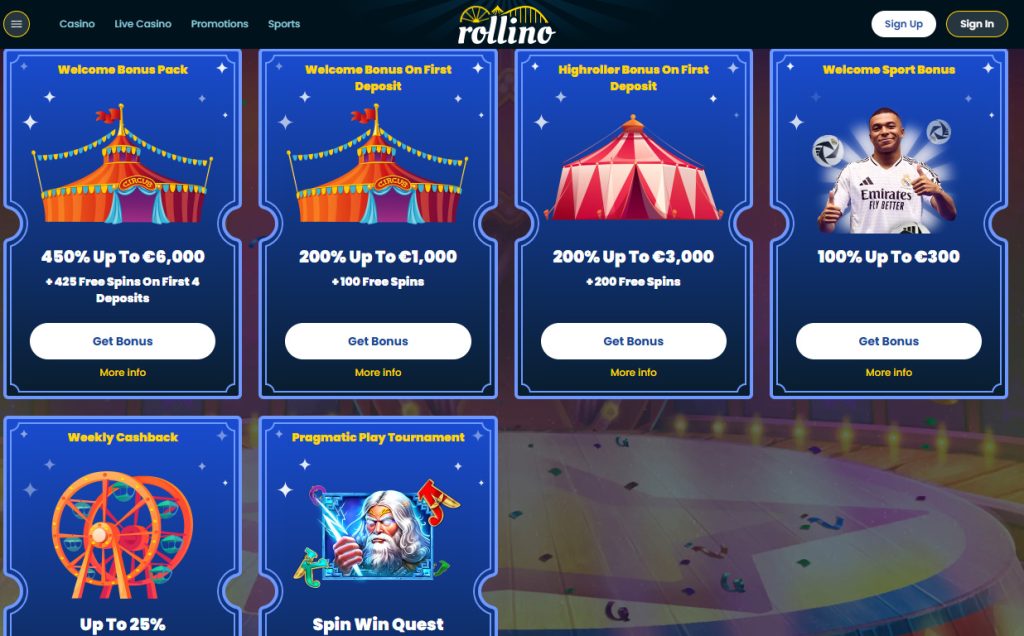 Rollino Casino welcome bonuse and ongoing promotions