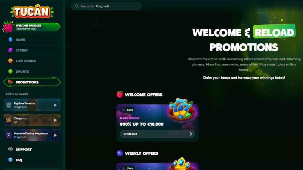 Tucan Casino welcome bonus and weekly offers