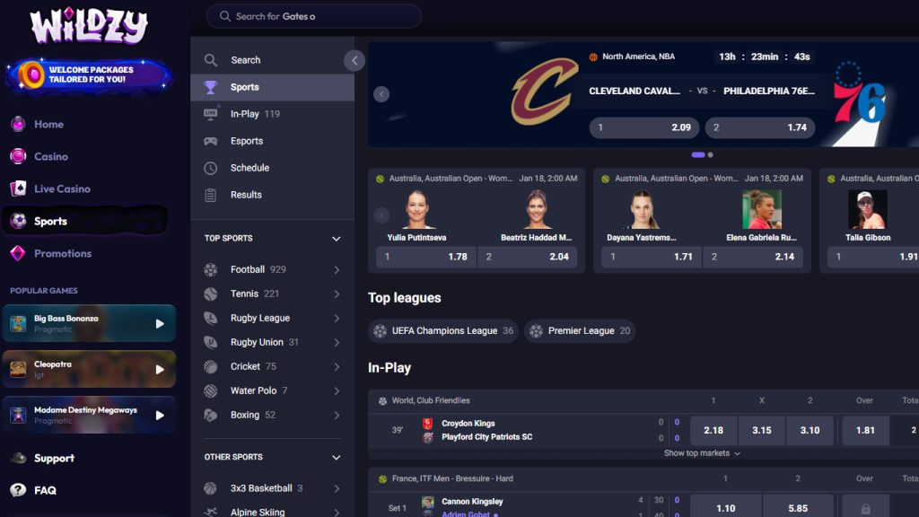 Wildzy Casino sportsbook betting markets