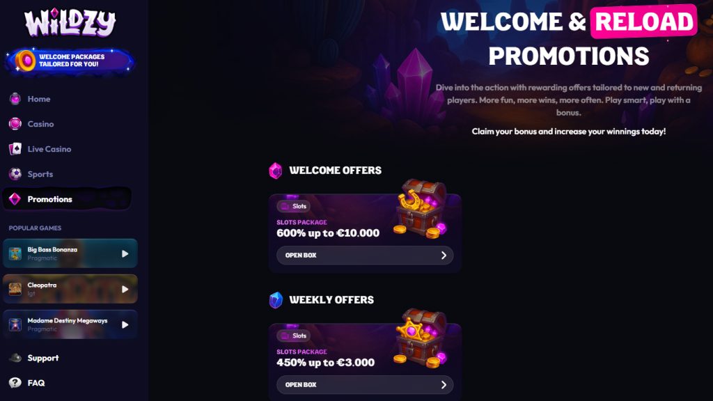 Wildzy Casino welcome bonus and ongoing promotions