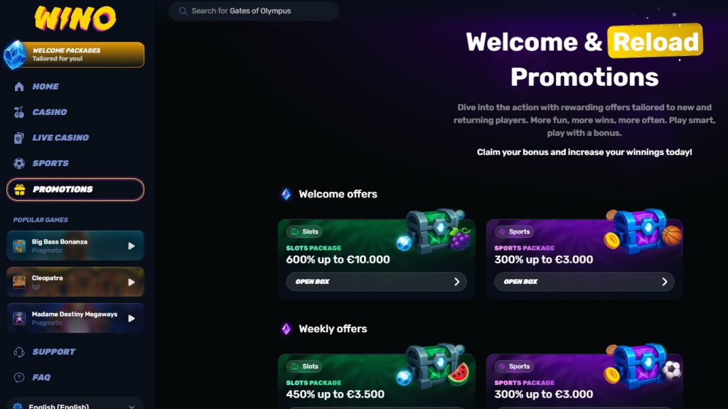 Wino Casino bonuses and promotions