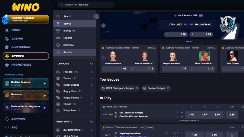 Wino Casino sportsbook betting markets