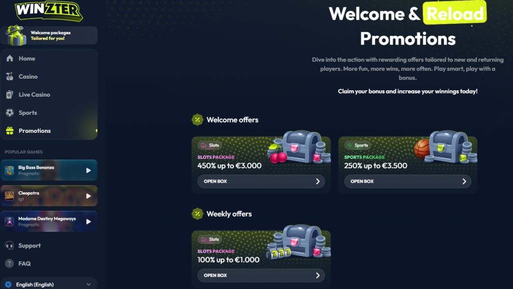 Winzter Casino bonuses and promotions