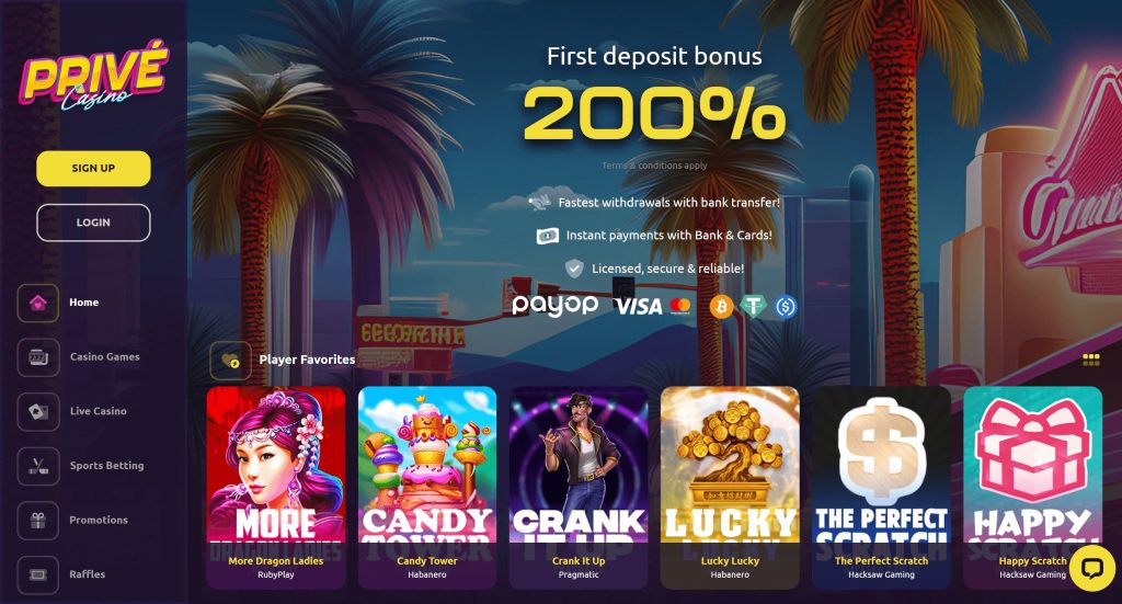 Prive Casino Main Screenshot